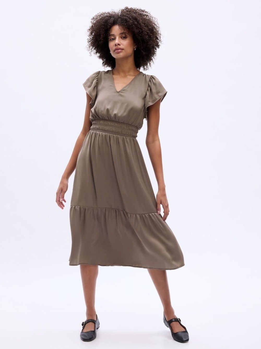 Gap Flutter Sleeve Taupe Satin Midi - Maxi Dress